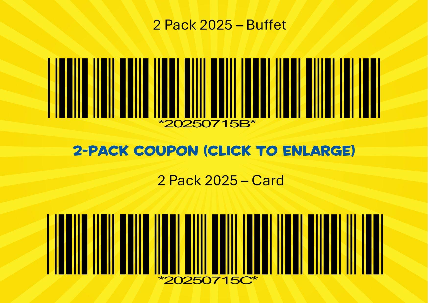 2-Pack 2025 coupon barcode for buffet and game card at America's Incredible Pizza