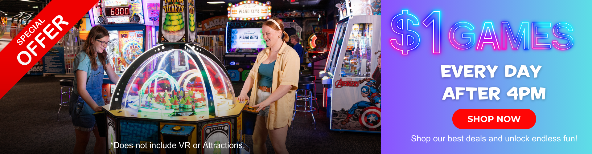 Teens playing arcade ticket redemption game with neon text promoting $1 games every day after 4PM at America's Incredible Pizza Company.