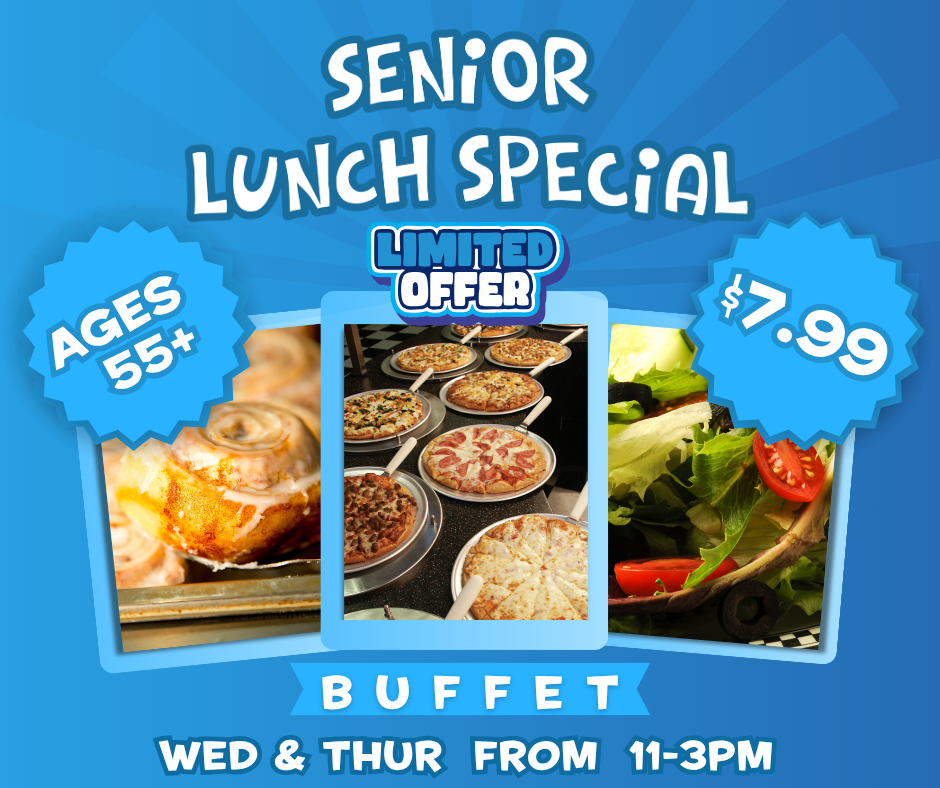 Senior Lunch Special graphic: Buffet $7.99, Ages 55+, Wed & Thu 11–3pm